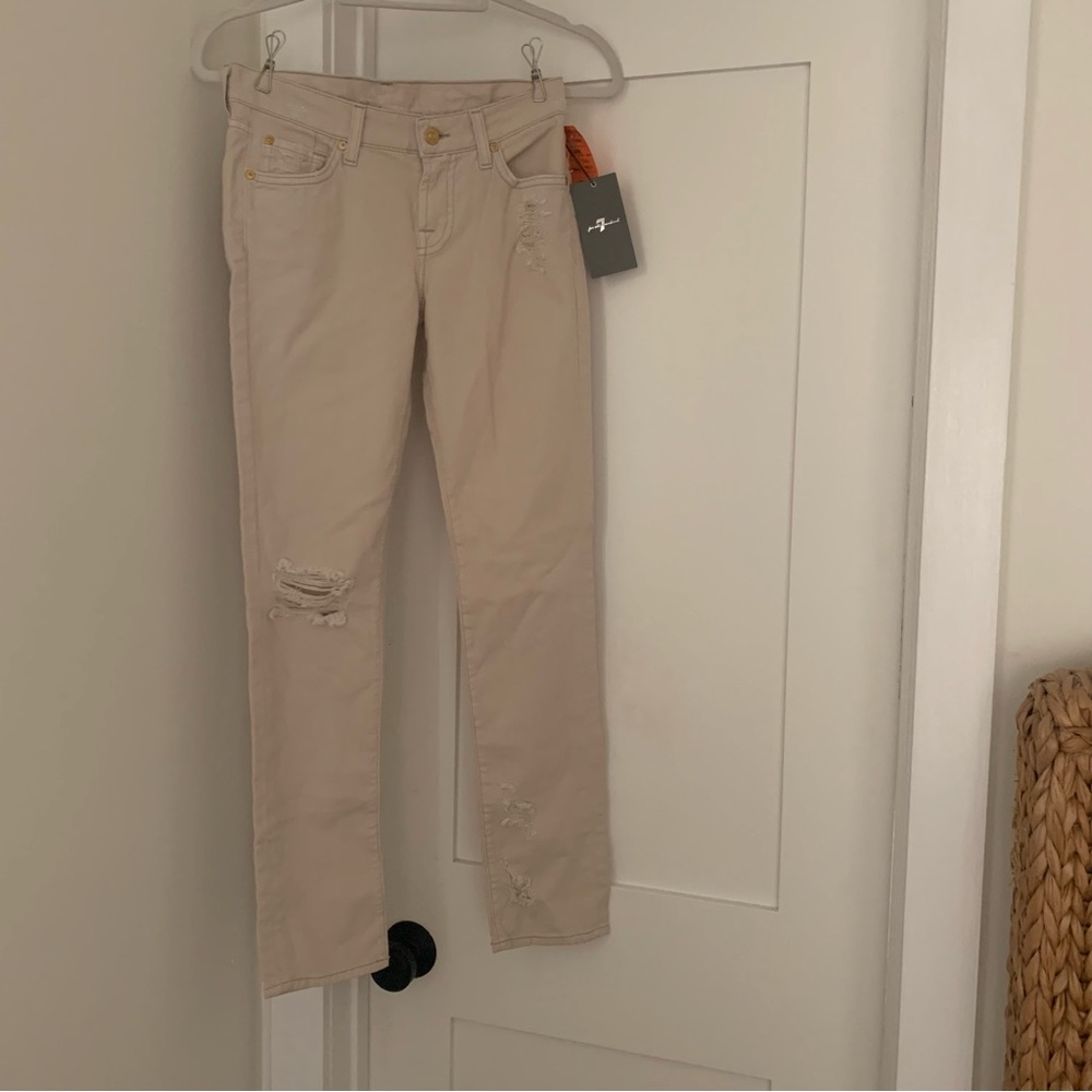 7 For All Mankind Distressed Slim Cigarette Leg Khaki Beige - Picture 2 of 14
